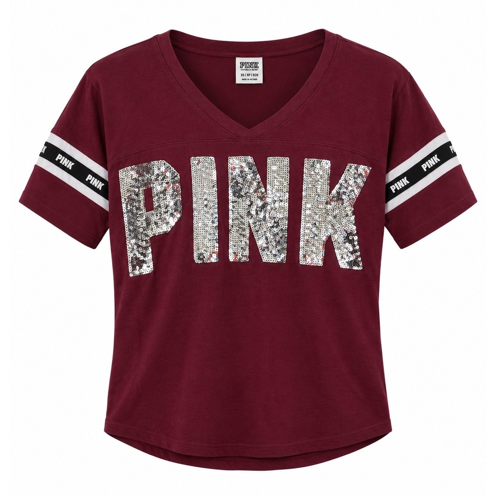 Victoria's Secret PINK Y2K Sequin Logo Varsity V Neck Tee Burgundy XS